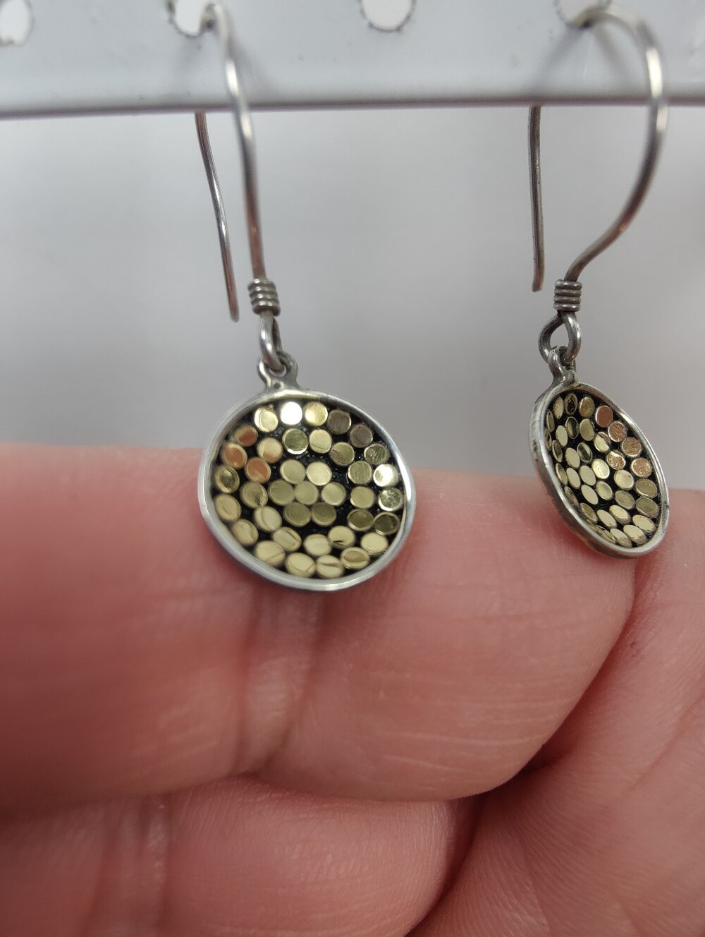 925 Sterling Silver Gold Plated Dot Disc Dangle Earrings Mixed Metal - Picture 7 of 12